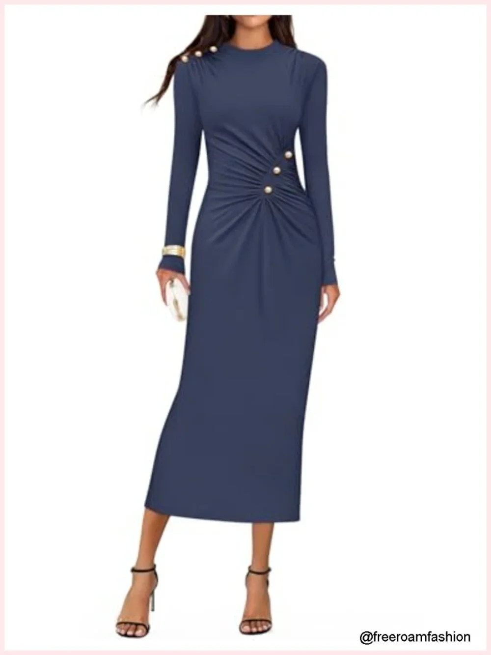Long Sleeve Mock Neck Bodycon Midi Dress Ruched Knit Cocktail Party